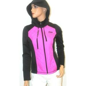 Fila Sport Women's Quilted Zip Up Hoodie Jacket Black Pink Athletic Size S‎